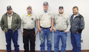 Employees reaching 10 years of service: Brian Kelsoe, Warehouseman; Rex Higgins, Installer; Johnny Robinson, Valve Maintenance Leadman; Bo Cowart, Stores Clerk; Matthew Reeves, Serviceman