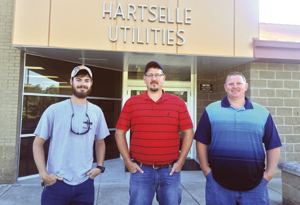 WWTP  Promotions Pictured from left to right is Josh Hensley, WWTP Operator Trainee; Wade Sims, WWTP Manager; and David Taylor, Sanitary Sewer Collections System Operator
